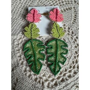 NEW Tropical Palm Leaf Beaded Dangle Drop Earrings Pink‎ Green Statement
